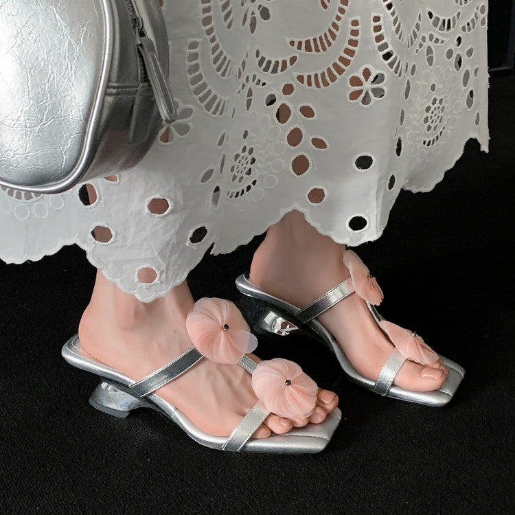 Karin Luna Hot-Selling Floral Square Toe Irregular Heel Floral Slippers