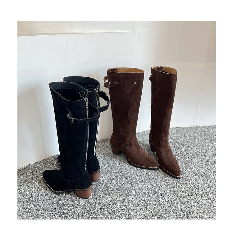 Karin Luna In Stock Spot Goods Retro Cowhide Leather Chunky Heel Suede Long Boots