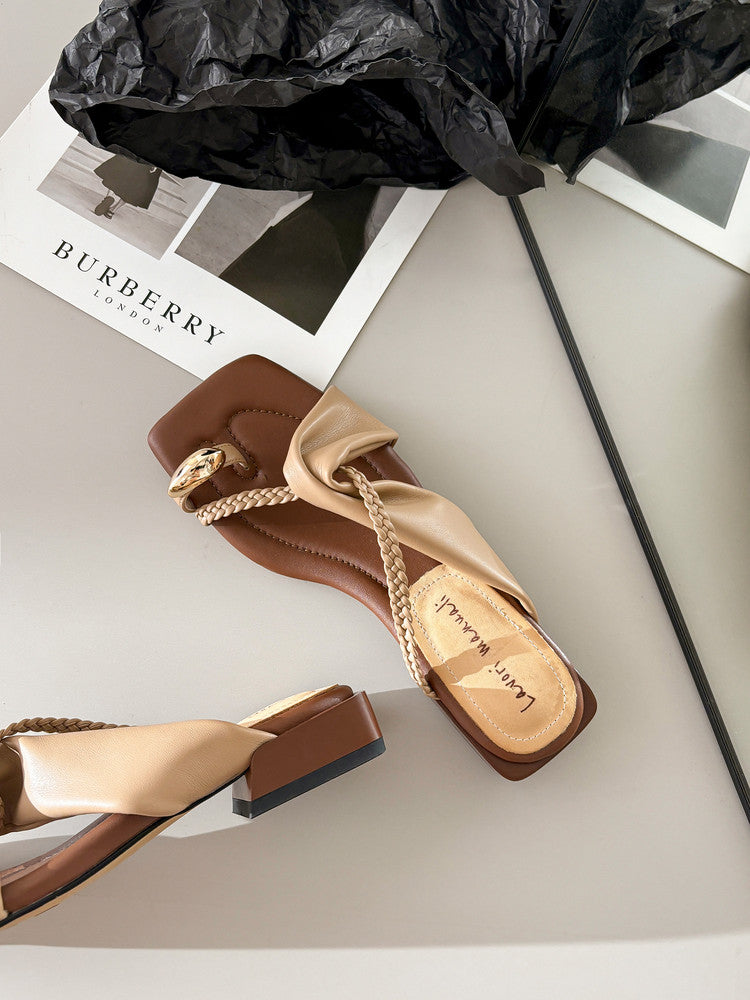 Karin Luna  Square Toe Braided Cross Thick Heel Flat Slippers