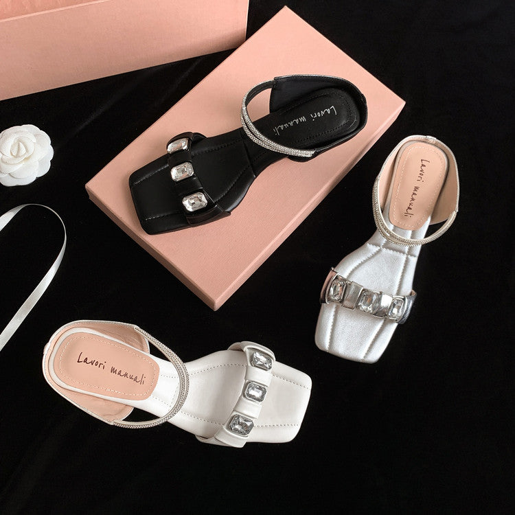 Karin Luna Bestseller Popular Rhinestone Ribbon Square Toe Slippers
