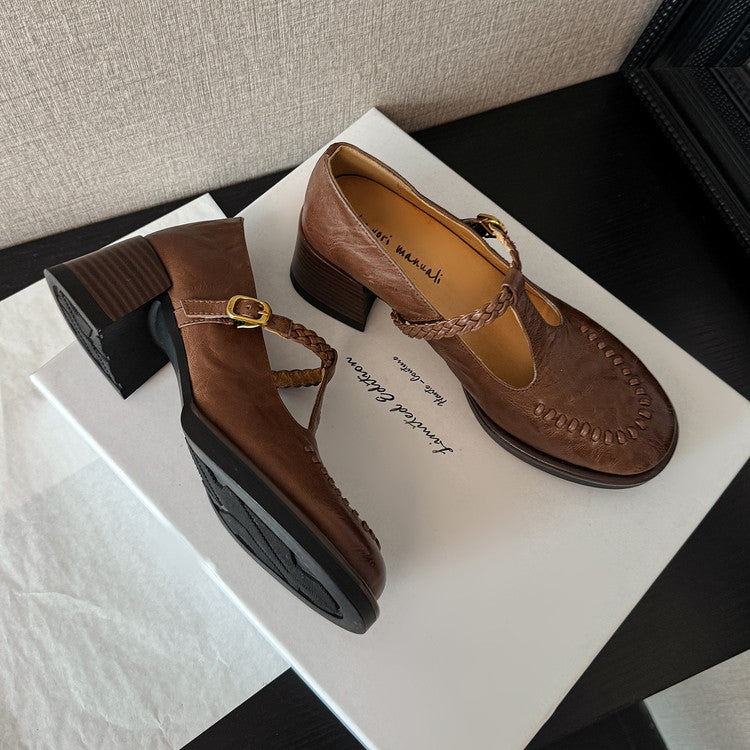 Karin Luna In Stock Spot Goods Vintage Braided Twist High Heels T Round Toe Thick Sole Single Shoes