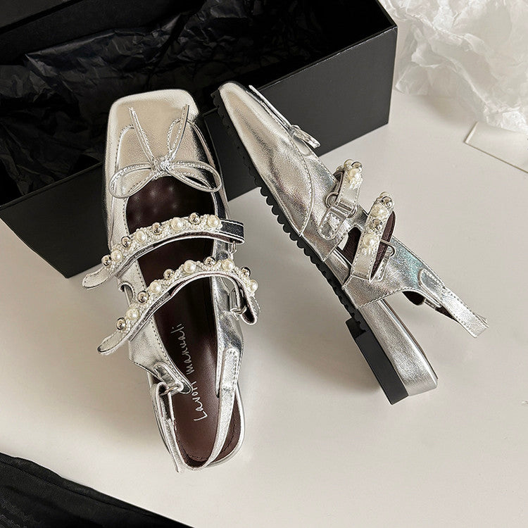 Karin Luna In Stock In Stock  Square Toe Bowknot Pearl Strap Closed-Toe Sandals