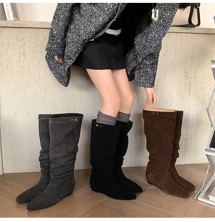 Karin Luna In Stock Spot Goods  Bestselling Suede Leather Sold Out Fast: Pile of Matte Inner Height-Increasing Western Boots
