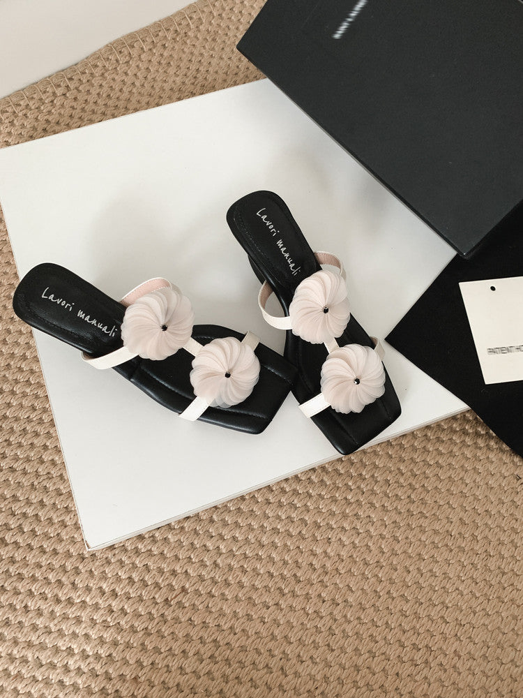 Karin Luna Hot-Selling Floral Square Toe Irregular Heel Floral Slippers
