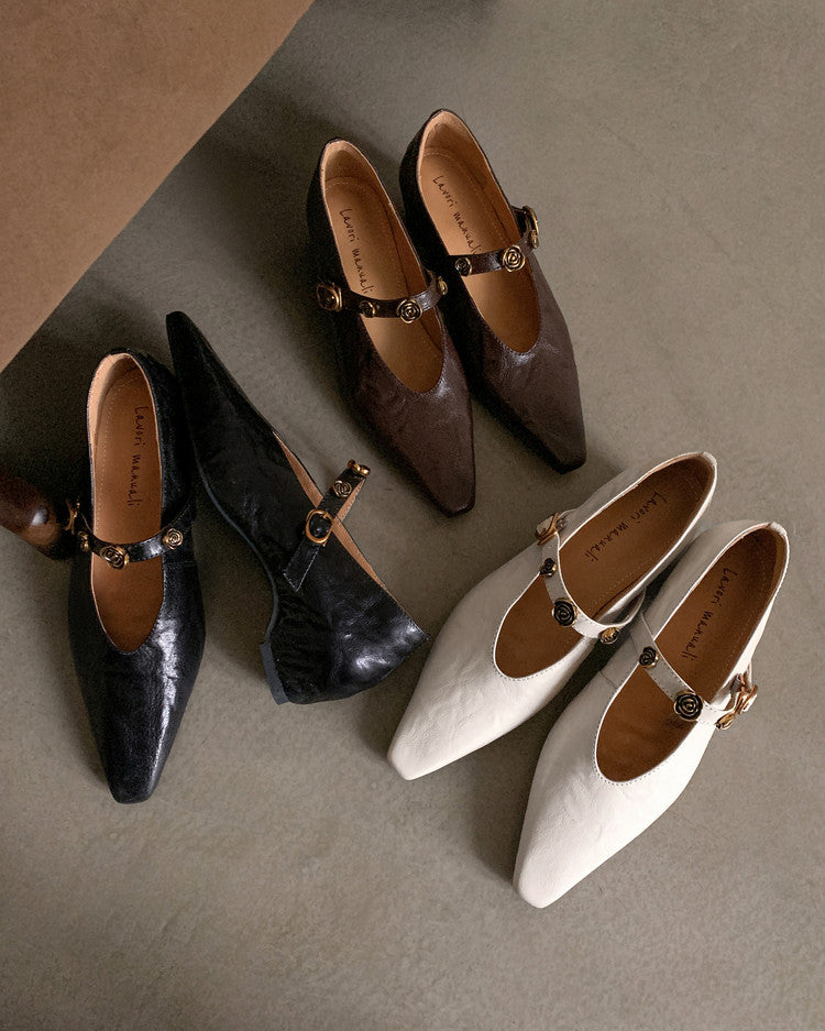 Karin Luna In Stock Spot Goods    Retro Classic Metal Camellia Irregular Heel Single Shoes
