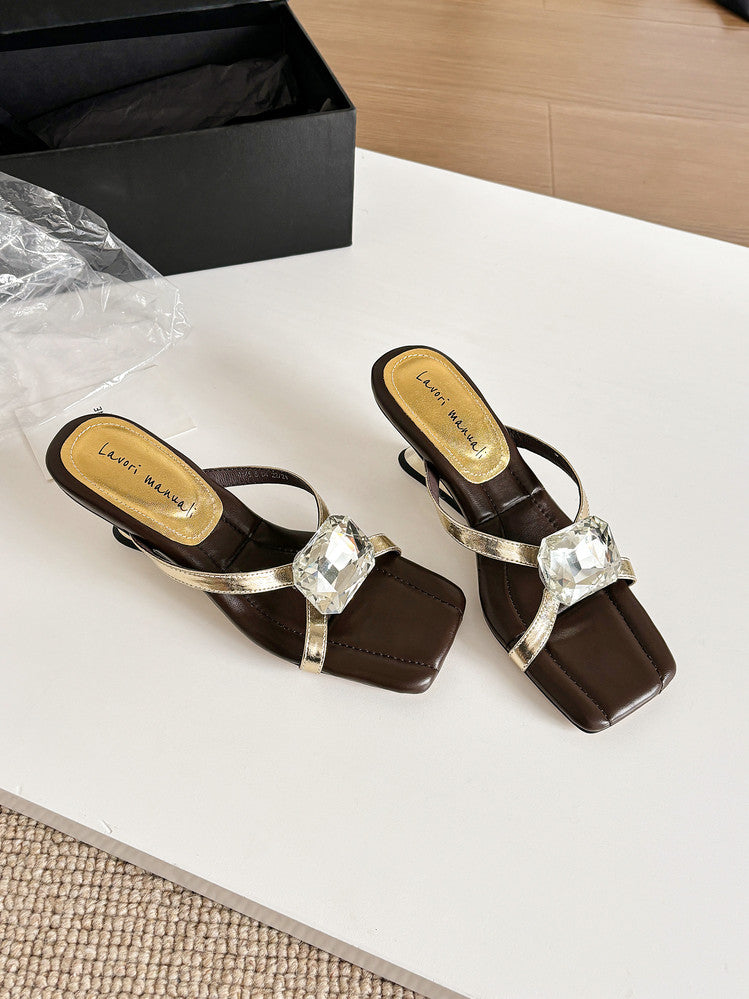 Karin Luna In Stock Spot Goods Rhinestone Square Toe Irregular Heel Slippers