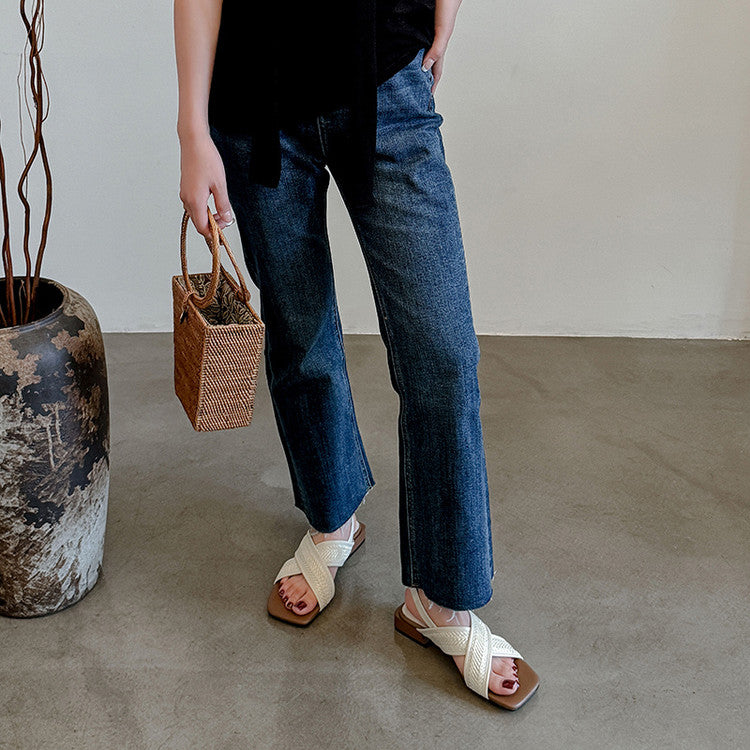 Karin Luna In Stock  Spot Goods Woven Style  Cross-strap Vacation Style Flat Sandals