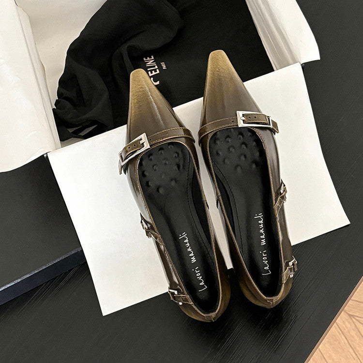 Karin Luna In Stock In Stock Retro Belt Buckle Small Square Toe Chunky Heel Single Shoes