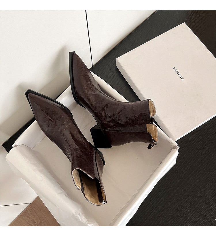 Karin Luna In Stock Spot Goods Elegant Stretch Fabric Patchwork Pointed Toe Chunky Heel Short Boots