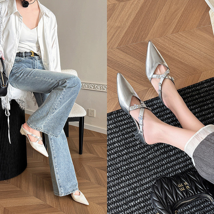 Karin Luna Elegant Pointed Toe Rhinestone Flower High Heel Mules