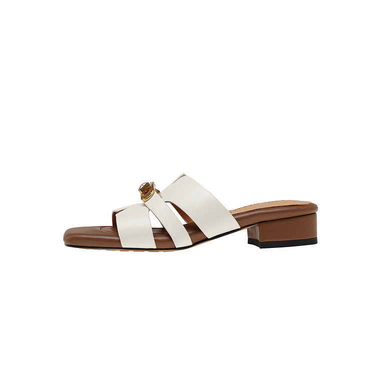 Karin Luna Comfortable Gold Buckle Square Toe Chunky Heel Casual Style Slippers
