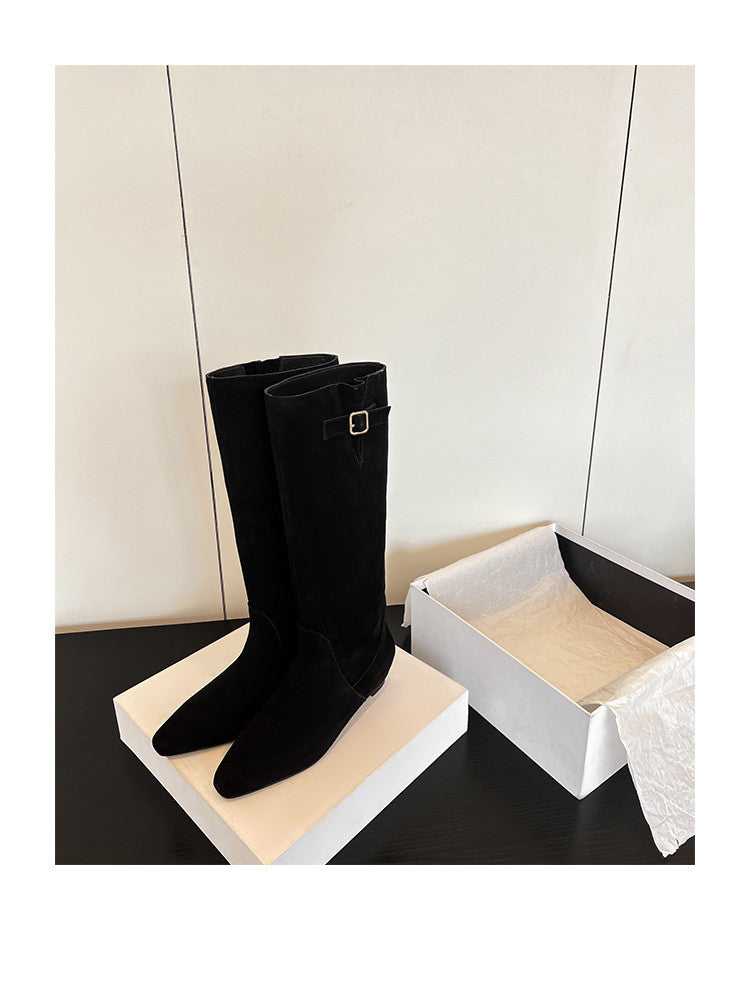 Karin Luna In Stock Spot Goods Vintage Cowhide Leather Chunky Heel Height Increasing Long Boots