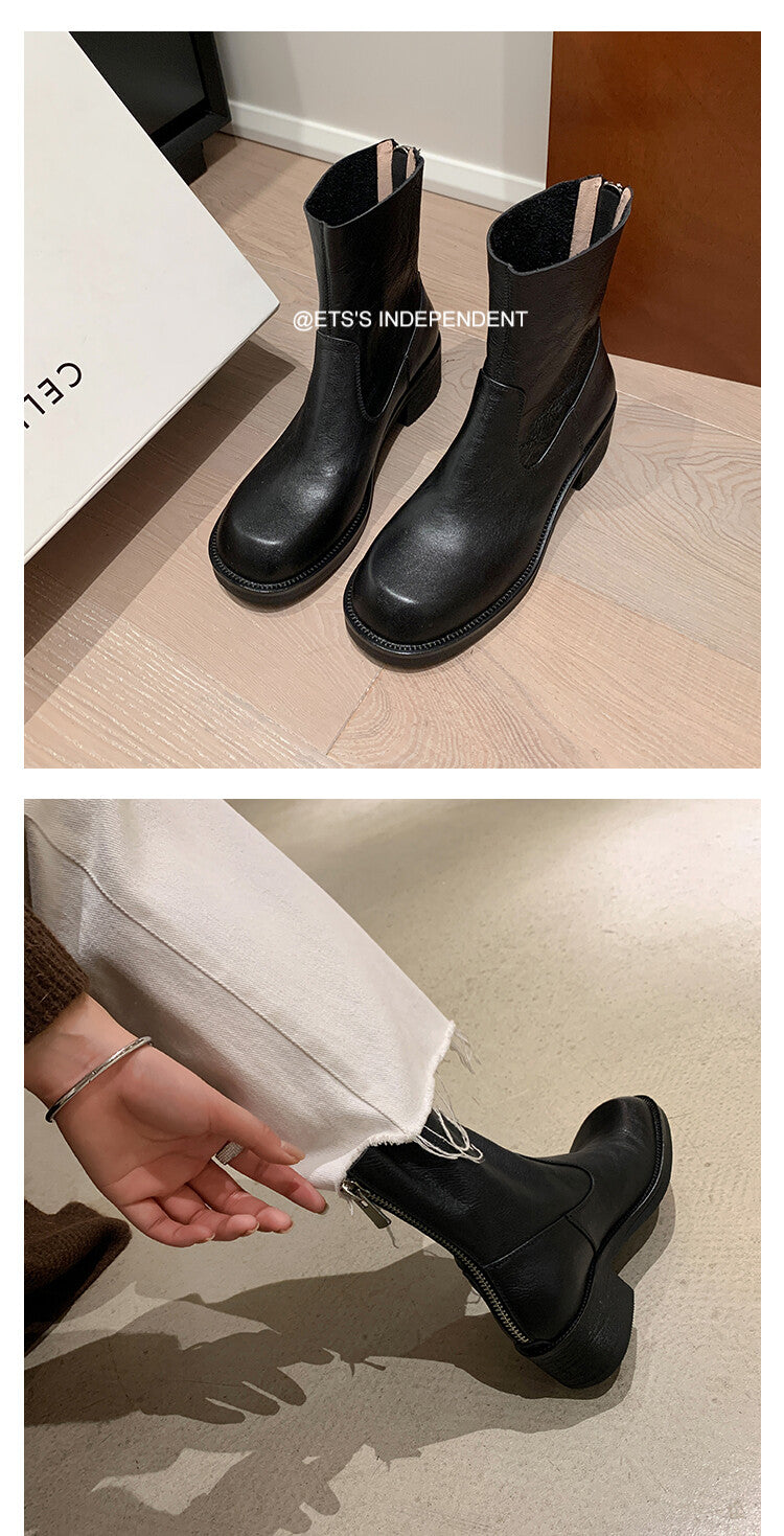 Karin Luna In Stock Spot Goods  Full-grain leather inside and out   Minimalist Texture  Round Toe Flat Bottom Basic Short Boots
