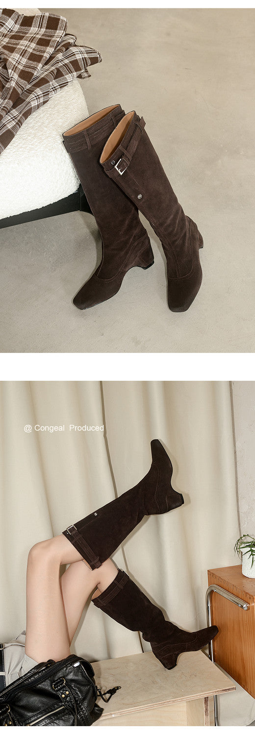 Karin Luna Belt Buckle Elegant Chunky Heel Suede Western Boots