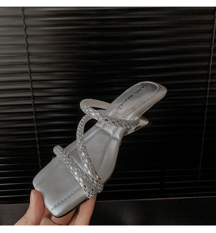 Karin Luna In Stock Spot Goods  Rhinestone One-Strap Irregular Heel Square-Toe Slippers