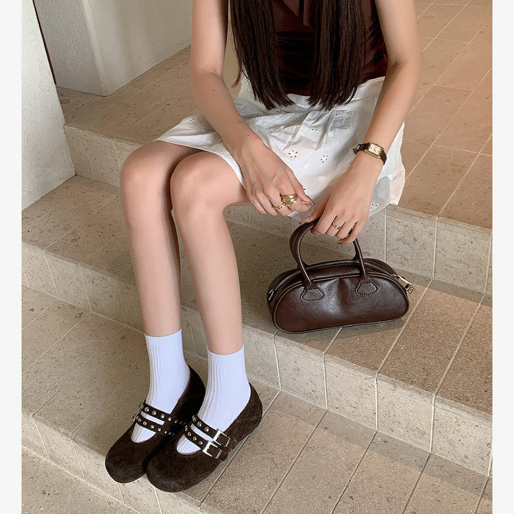 Karin Luna Hot Item Hot Item Punk Style One-Strap Round-Toe Suede Leather Height-Increasing Flats