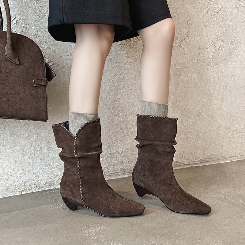 Karin Luna Elegant Style Small Square Toe Pleated Short Boots