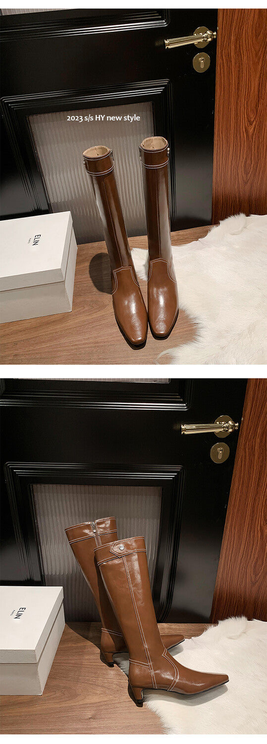Karin Luna In Stock Spot Goods  Vintage Open Stitch Small Square Toe High Heel Side Zipper Riding Boots