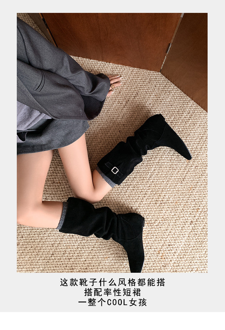 Karin Luna In Stock Spot Goods Vintage Cowhide Leather Chunky Heel Height Increasing Long Boots