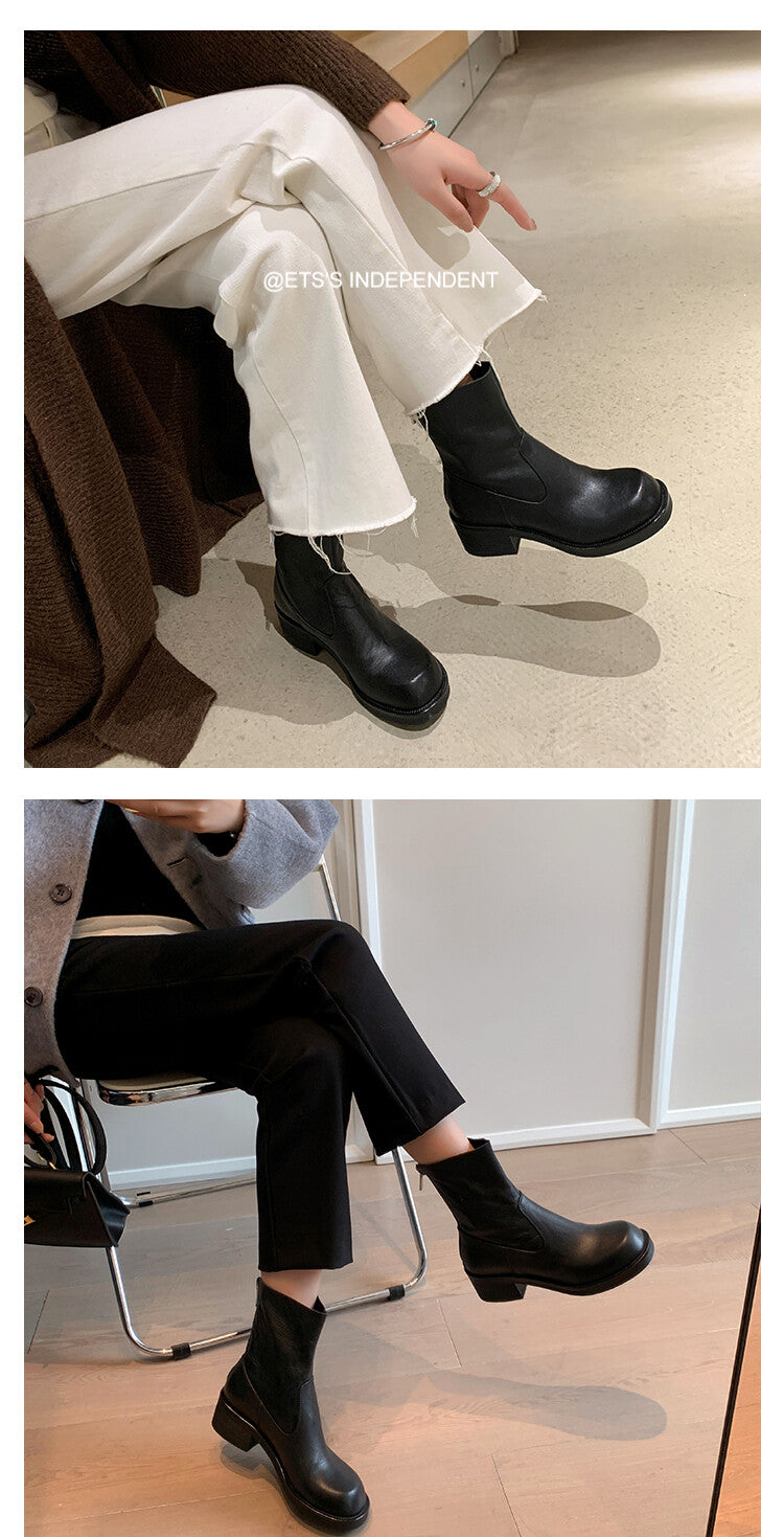 Karin Luna In Stock Spot Goods  Full-grain leather inside and out   Minimalist Texture  Round Toe Flat Bottom Basic Short Boots