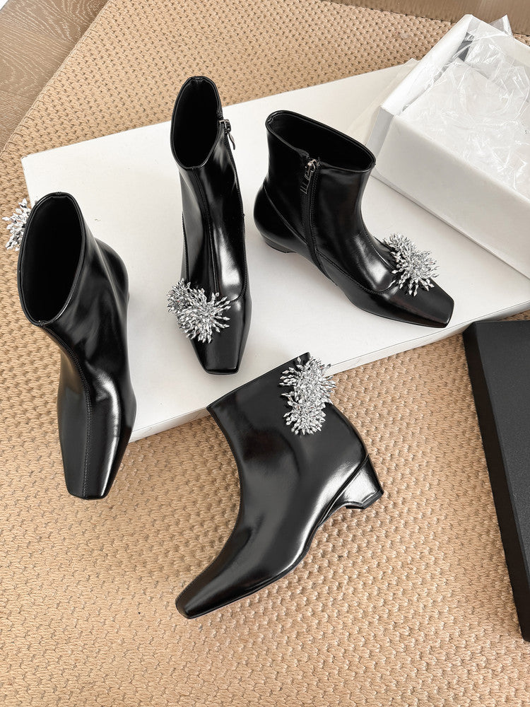 Karin Luna Elegant Style Square Toe Flower Design Height Increasing Short Boots with Two Front and Back Options