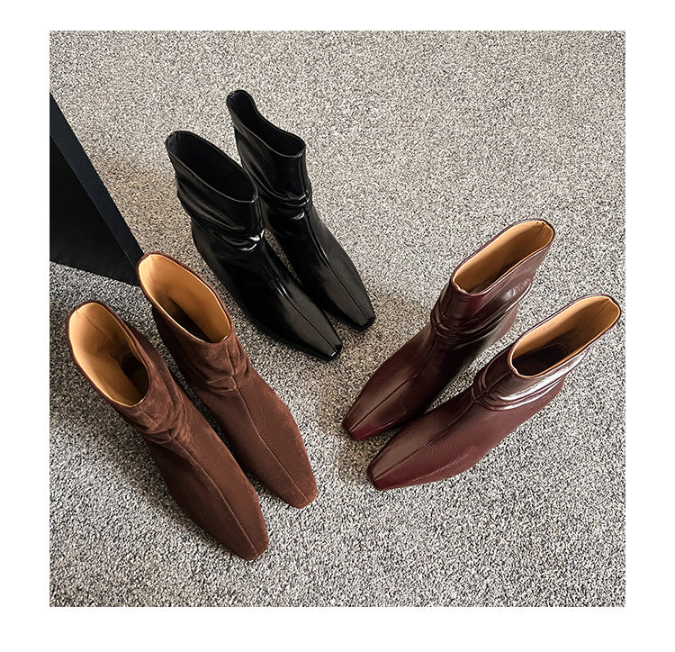 Karin Luna In Stock Spot Goods  Retro Wrinkled Small Square Toe Short Boots