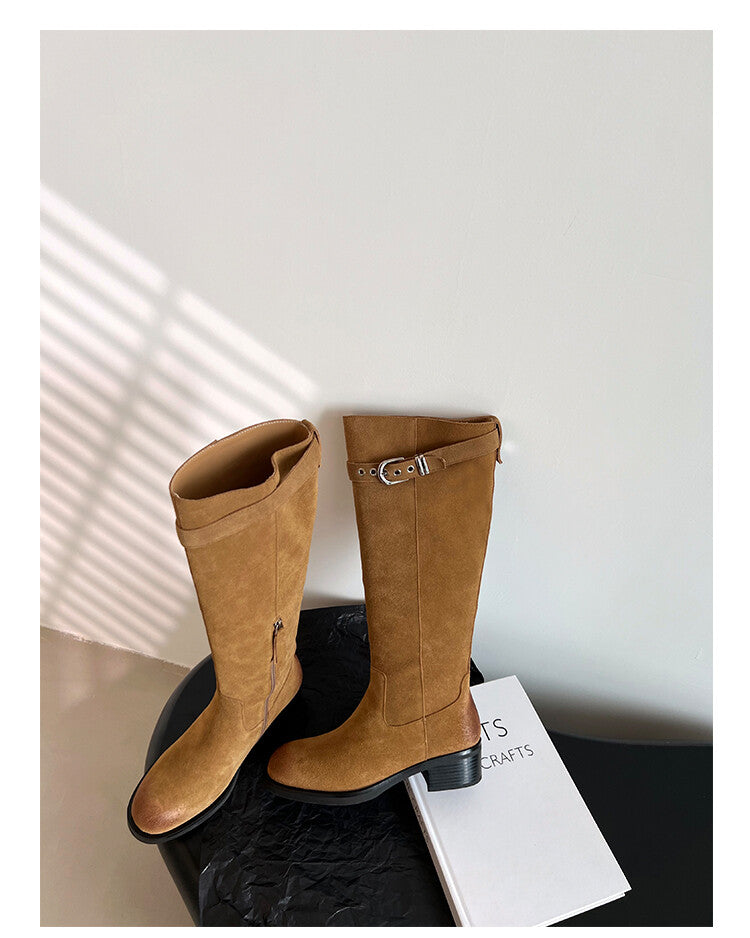 Karin Luna Chunky Heels Round Head Belt Buckle  Fashionable Suede Boots