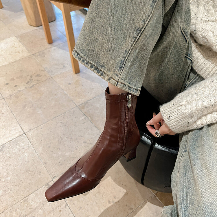 Karin Luna Elegant Small Square Toe Chunky Heel Slim Boots