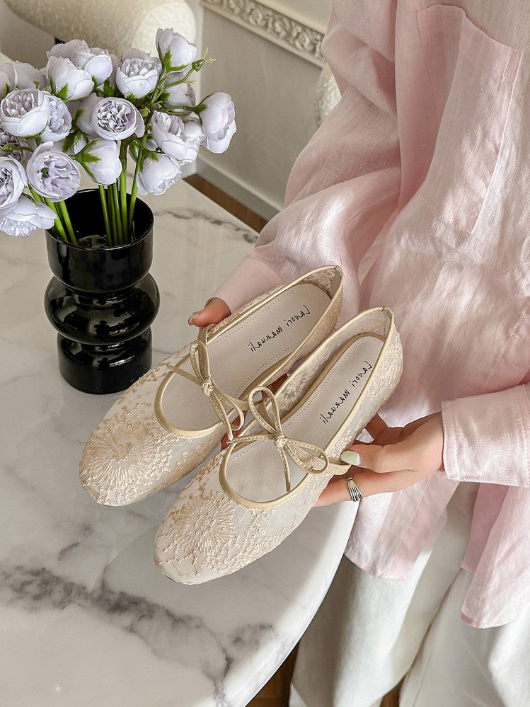 Karin Luna In Stock Spot Goods  Summer Breathable Retro Embroidered Bow Granny Shoes