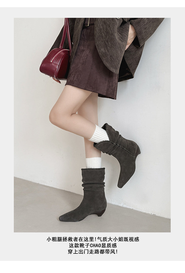 Karin Luna Elegant Style Small Square Toe Pleated Short Boots