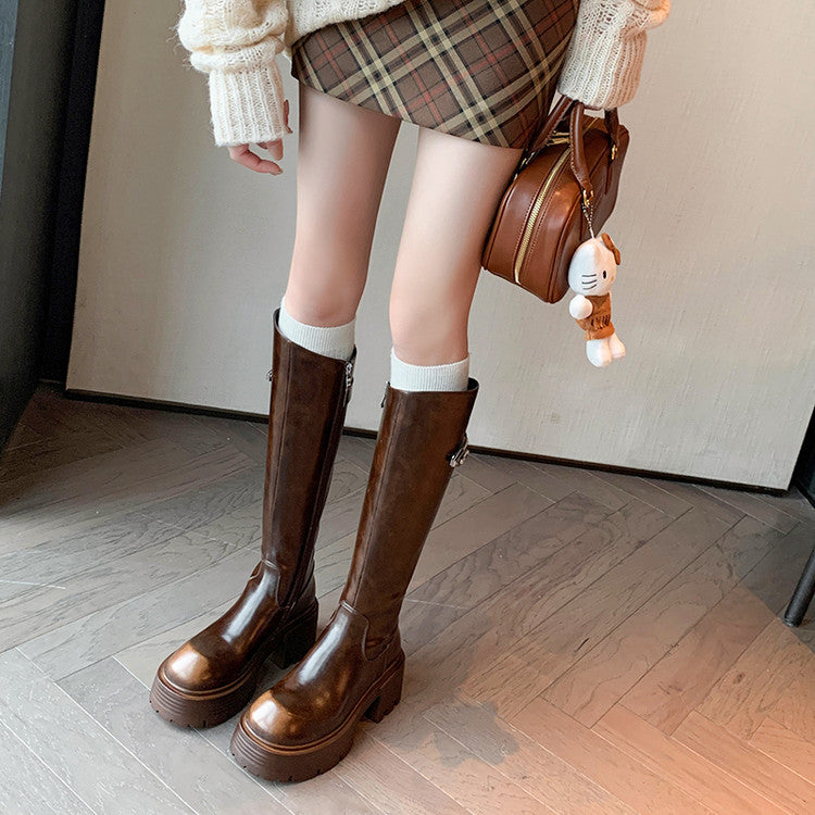 Karin Luna In Stock In Stock  Round Toe Thick Sole Belt Buckle Side Zipper Knight Boots