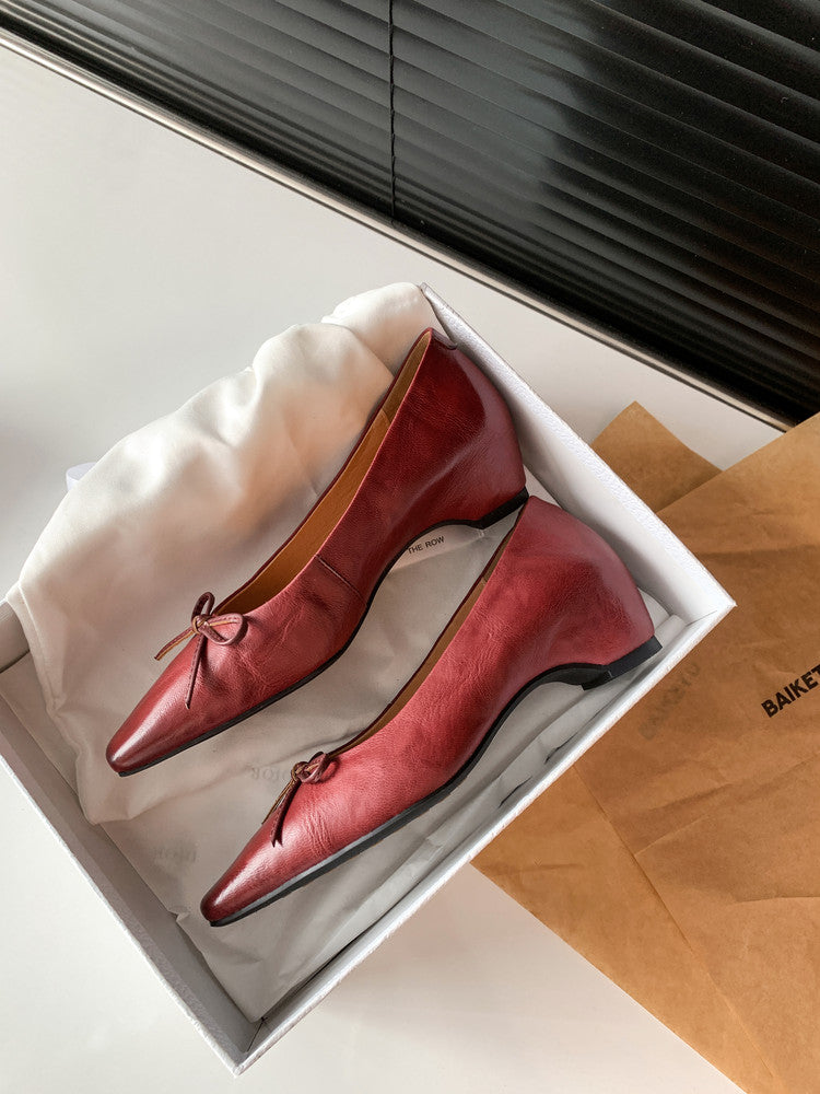 Karin Luna Full Layer Inside and Out~Basic Versatile Small Square Toe Butterfly Knot Irregular Heel Single Shoes