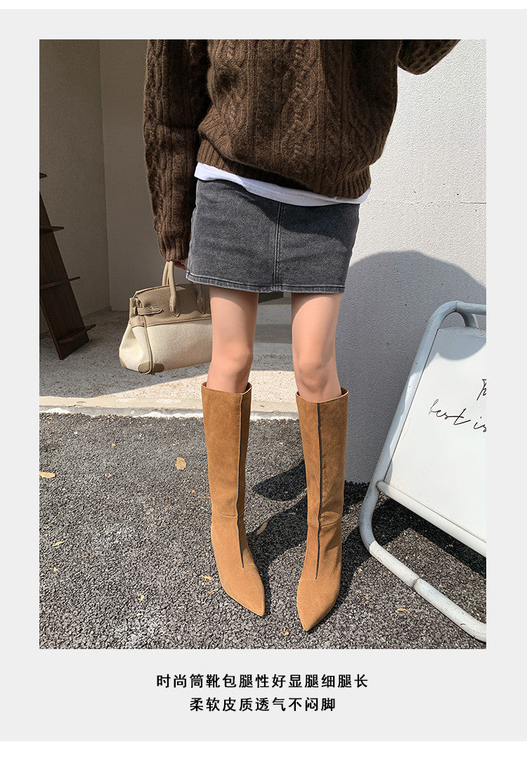 Karin Luna In Stock Spot Goods Retro Cowhide Pointed Toe Stiletto Elegant Long Boots