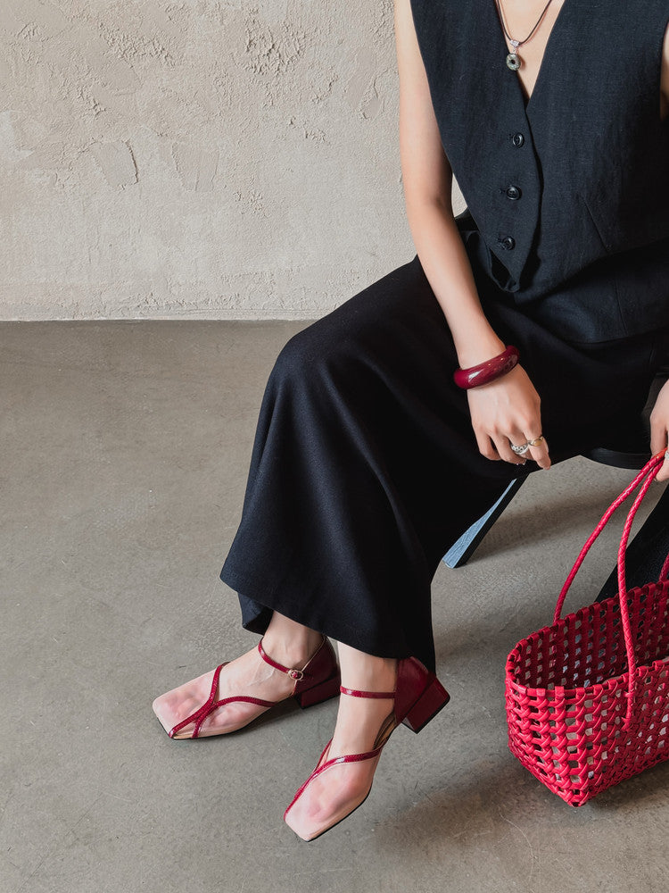 Karin Luna In Stock In Stock  Internet Celebrity Style Square Toe Mesh Chunky Heel Sandals