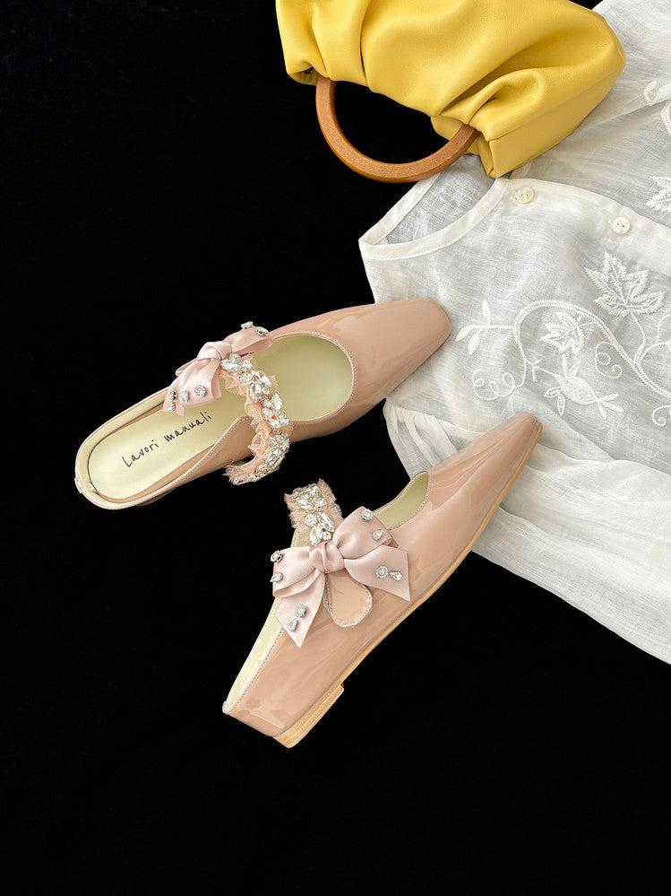 Karin Luna Handmade One-Strap Rhinestone Ribbon Square-Toe Mules