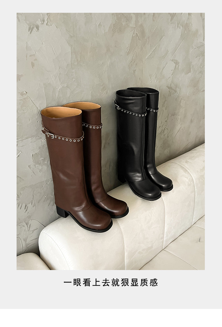 Karin Luna In Stock Spot Goods Belt Buckle Color-Washed Casual Thick-Soled Bootcut Pants Boots