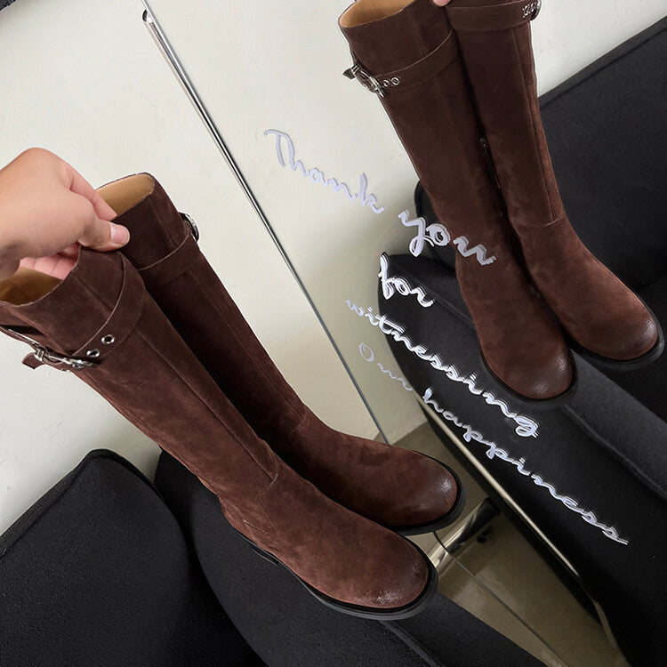 Karin Luna Chunky Heels Round Head Belt Buckle  Fashionable Suede Boots