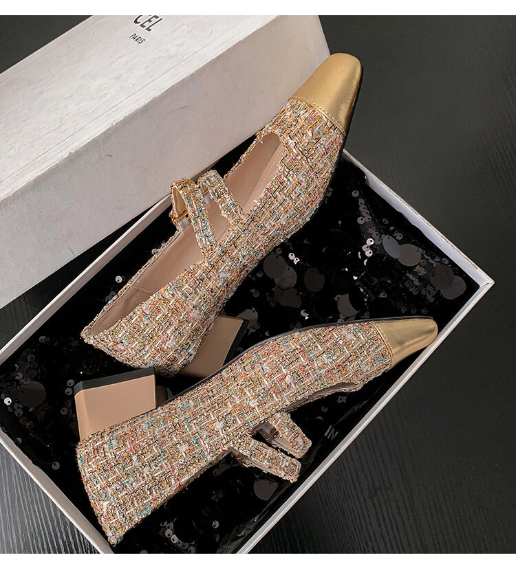 Karin Luna Classic Chanel Style~ Tweed Spring Limit Square Toe Chunky Heel Mary Jane Strap Single Shoes