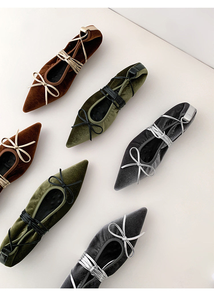 Karin Luna In Stock In Stock Retro Velvet Pointed Toe Bowknot Single Shoes