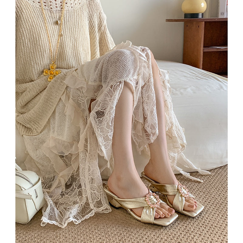 Karin Luna In Stock In Stock Elegant Square-Toe Cross-Strap Rhinestone Square-Toe Slippers