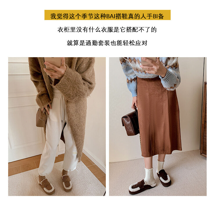 Karin Luna In Stock Look~This is such thick lamb wool Winter Atmosphere！Cowhide Leather Lamb Wool Round Toe Flat Sole Half Support！