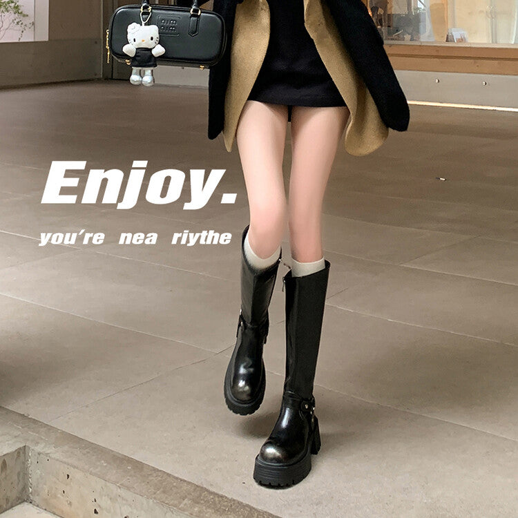 Karin Luna In Stock In Stock Slimming Diagonal Cut Tube Top  Best-selling in stock Retro Metal Buckle Thick-Soled Long Boots