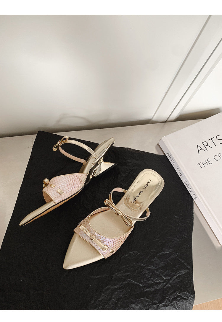 Karin Luna Fish Skin Series~Pointed Toe Irregular Heel Bowknot Strap Slippers