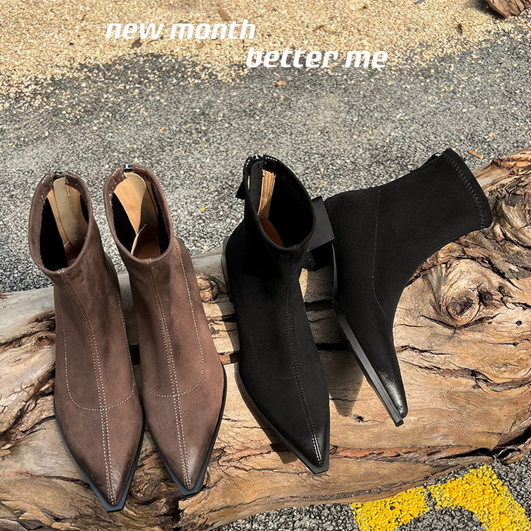 Karin Luna In Stock In Stock Elastic Slim Pointed Toe Chunky Heel Basic Ankle Boots
