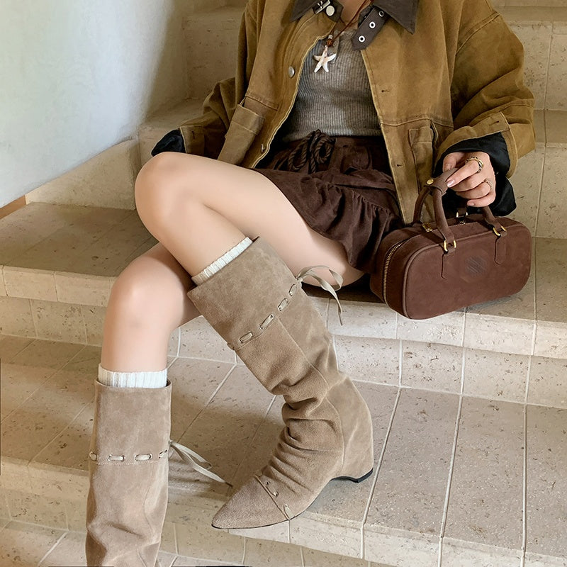 Karin Luna Elegant Style  Pointed Toe Pleated Hidden Wedge Western Boots