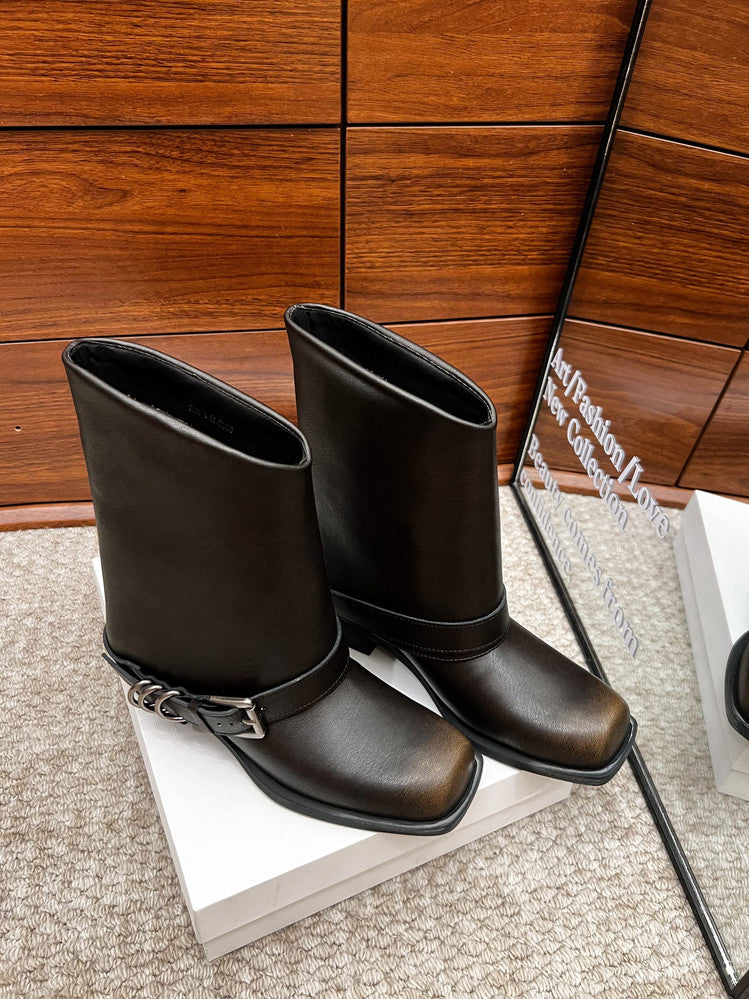 Karin Luna Elegant Style Square Toe Belt Buckle Pants Boot Short Boots