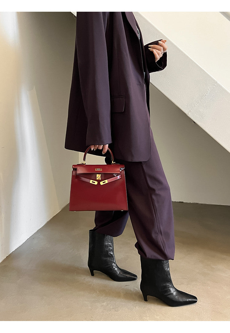Karin Luna In Stock Spot Goods Top Layer Stone Pattern Cowhide Textured Small Square Toe Straight Short Boots
