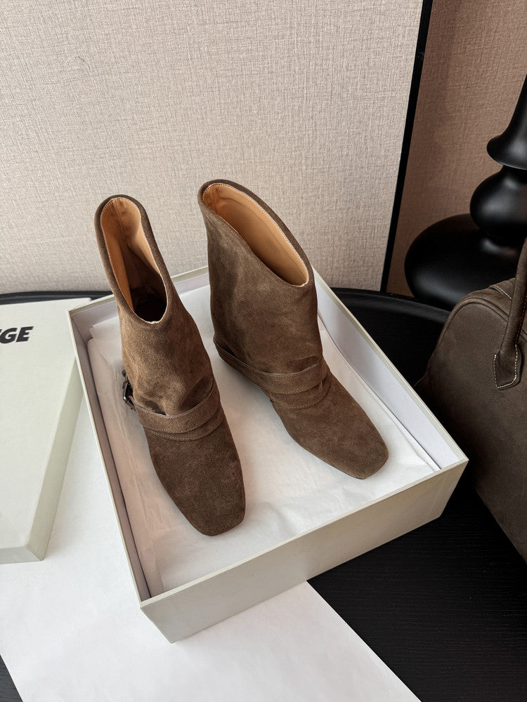 Karin Luna Data Hot Item Square Toe Hidden Wedge Belt Buckle Suede Ankle Boots