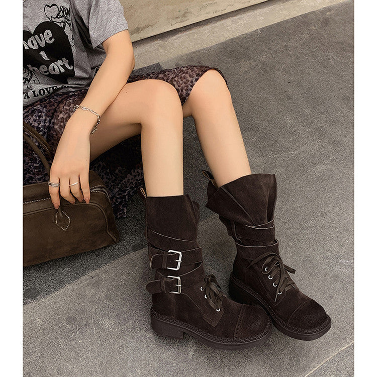Karin Luna Bestseller Hot-Selling Large Tube Leather Belt Buckle Round Toe Thick-Soled Short Boots