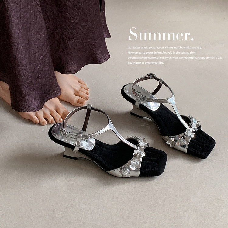 Karin Luna Hot-Selling Sequin Floral Series ~  Square Toe Irregular Heel Square Toe Sandals